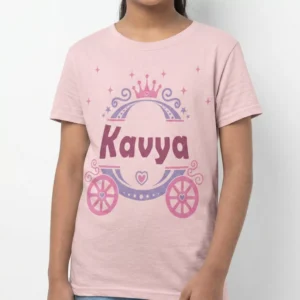 Light pink personalized cotton kids T shirt with custom name print and birthday crown design