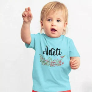 Child wearing blue personalized cotton T shirt with custom name floral print design