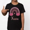 Child wearing black personalized cotton T shirt with custom name print in soft 180 GSM fabric for daily wear