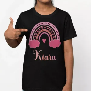 Child wearing black personalized cotton T shirt with custom name print in soft 180 GSM fabric for daily wear