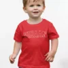 Child wearing red personalized cotton T shirt with custom name print