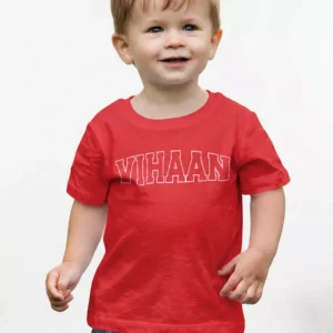 Child wearing red personalized cotton T shirt with custom name print