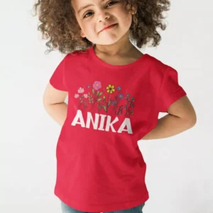 Child wearing red personalized cotton kids name T shirt with custom printed name design