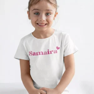Girl wearing personalized kids name cotton T-shirt with custom name print in India