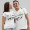 Personalized matching couple T shirts with names and romantic hand holding line art design for anniversary and Valentine gift in India
