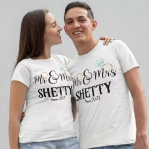 Personalized matching couple T shirts with names and romantic hand holding line art design for anniversary and Valentine gift in India