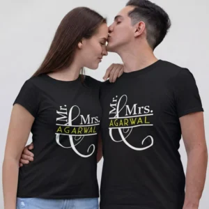 Personalized Mr and Mrs matching couple T-shirts with surname print for newlyweds wedding outfit