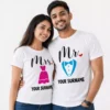 Smiling couple wearing matching white personalized Mr and Mrs T-shirts with custom surname text, suitable for husband and wife wedding or anniversary gift.