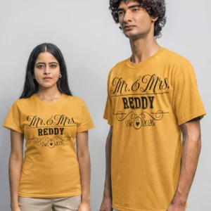 Personalized Mr and Mrs couple T-shirts with surname and year print for wedding and anniversary gift