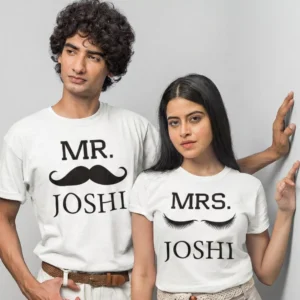 Personalized Mr and Mrs matching couple T-shirts with custom surname print for newly married couples