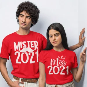 Personalized Mr and Mrs matching couple T-shirts with custom surname print for newly married couples wedding gift