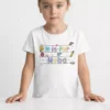 Child wearing personalized N Is For name cotton T-shirt with colorful school themed print