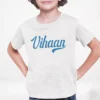 Light grey personalized kids cotton T shirt with custom name print in blue script
