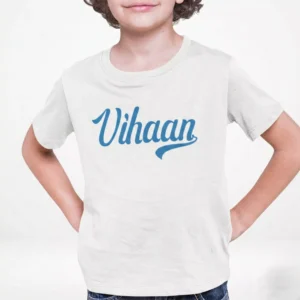Light grey personalized kids cotton T shirt with custom name print in blue script