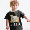 Black cotton kids T shirt with jungle animal illustration and custom name print Aarav