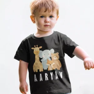 Black cotton kids T shirt with jungle animal illustration and custom name print Aarav
