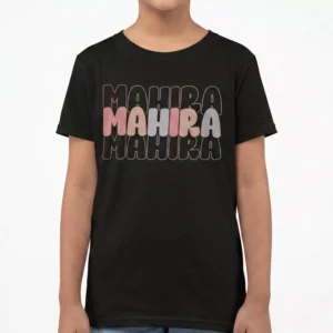 Black 100% cotton kids T shirt with custom name print in bold layered typography design