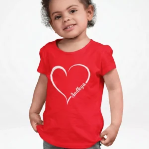 Child wearing red personalized cotton T shirt with white heart outline and custom name print