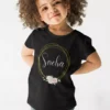Black kids cotton T shirt with personalized name Sneha inside floral circle design