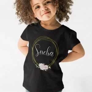 Black kids cotton T shirt with personalized name Sneha inside floral circle design