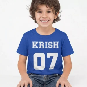 Child wearing blue personalized cotton T shirt with custom name and number print
