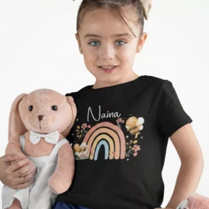 Black cotton kids T shirt with personalized name and pastel rainbow floral bee print