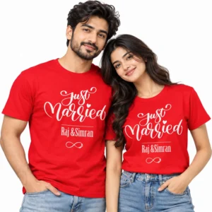 Indian couple wearing matching red Just Married T-shirts with white cursive lettering, personalized Raj & Simran names, and infinity design.