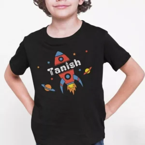 Black cotton kids T shirt with personalized name and colorful rocket space print design