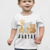 Child wearing personalized cotton T shirt with safari animals and custom name print