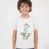 Child wearing personalized teddy bear name printed 100 percent cotton T shirt with floral frame design