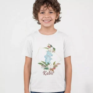 Child wearing personalized teddy bear name printed 100 percent cotton T shirt with floral frame design