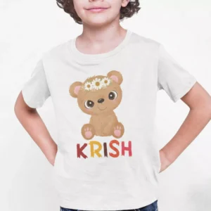 Kids cotton T shirt with cute teddy illustration and custom name print in soft 180 GSM fabric