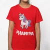 Red kids cotton T shirt with unicorn print and custom name Haniya