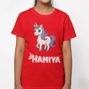 Red kids cotton T shirt with unicorn print and custom name Haniya