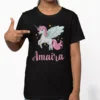 Black cotton kids T shirt with personalized unicorn print and custom name Amaira