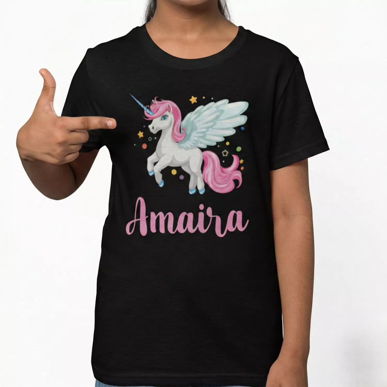 Black cotton kids T shirt with personalized unicorn print and custom name Amaira