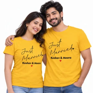 Indian couple in matching yellow Just Married T-shirts with black handwritten lettering, Keshav & Meera names, and small red hearts.