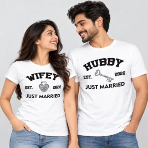 Indian couple wearing matching white Wifey and Hubby T-shirts with black Just Married lettering, heart lock, key designs, and Est. 2026.
