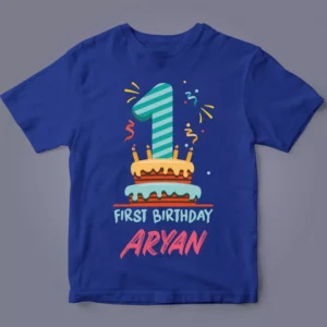 Alternative view of Cake & Number 1st Birthday Kids T-Shirt with Name | Personalized Birthday Tee