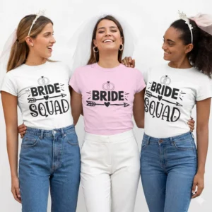 Bride squad bachelorette party T-shirt for bride and bridesmaids matching bridal party shirts for bridal shower and wedding celebrations.