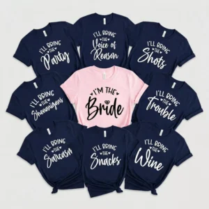 Bride squad bachelorette party matching t shirts set with bride and team bride funny phrases for bridesmaids and bridal party celebration