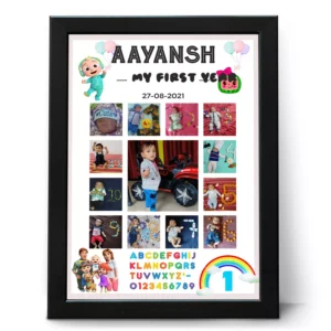 Personalized 12 month baby photo frame collage with name and birth date for first birthday milestone celebration