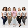 Custom bride squad matching t shirts for bachelorette party with bride and bridesmaids wearing personalized team bride bridal party tees