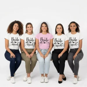 Custom bride squad matching t shirts for bachelorette party with bride and bridesmaids wearing personalized team bride bridal party tees