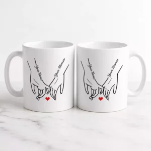 Custom couple mug set personalized with names, designed as a romantic coffee mug gift for anniversaries, weddings, or Valentineโs Day.