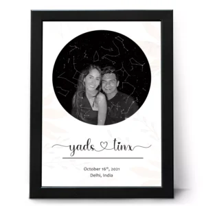 Personalized couple star map frame with photo, names, date and Delhi India location – anniversary night sky gift for him and her