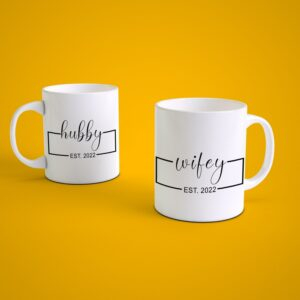 Personalized Hubby Wifey couple coffee mugs with custom wedding year printed for anniversary or wedding gift