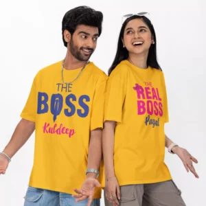 personalized boss couple oversized t shirts with custom names matching husband wife yellow tshirts