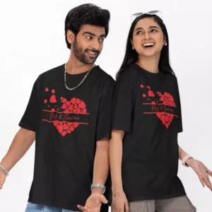 Personalized oversized couple t shirts with custom names inside red heart design for boyfriend girlfriend matching outfit