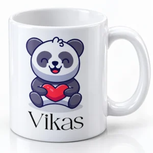 Custom name kids mug with a happy panda holding a red heart and Vikas printed below on a white coffee mug.